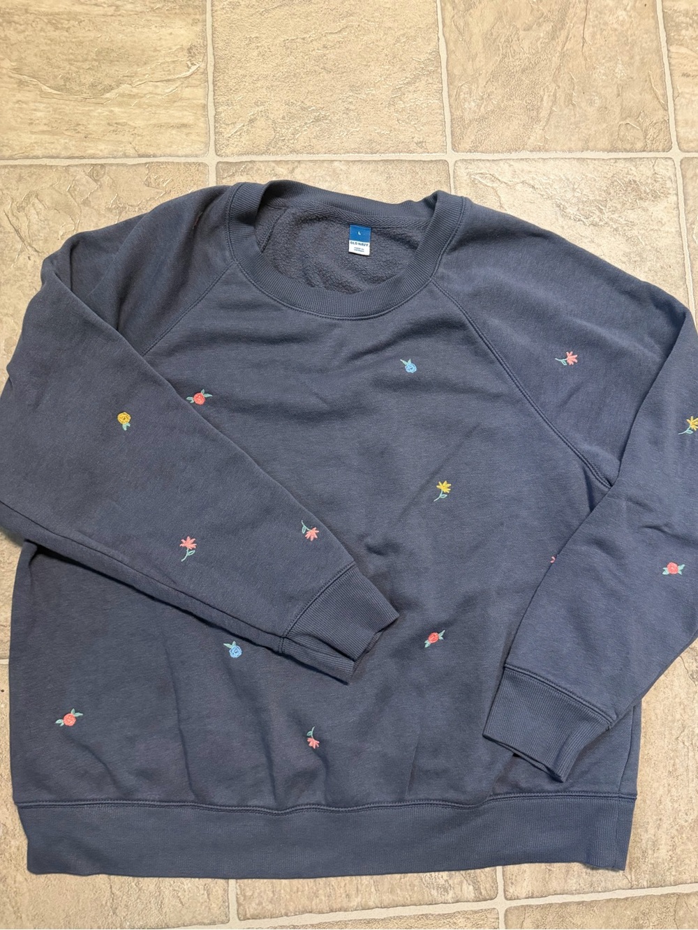 Old Navy Heather Navy Crewneck Sweater with Small Multicolor Floral Embroidery